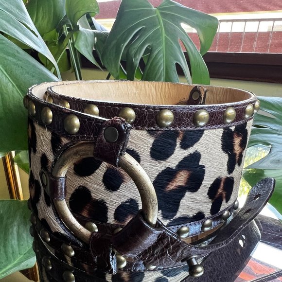 Streets Ahead Animal Printed Calf Hair Leather Studded Designer Belt - Picture 1 of 4